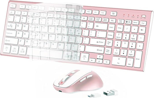 FENIFOX Wireless Keyboard and Mouse, Ergonomic Rechargeable Silent Quiet Slim Compact Full-Size USB C with Number Pad Flat Soft Cover for PC Computer Laptop Mac MacBook iMac Windows - Pink Rose Gold-DeskLoop Office