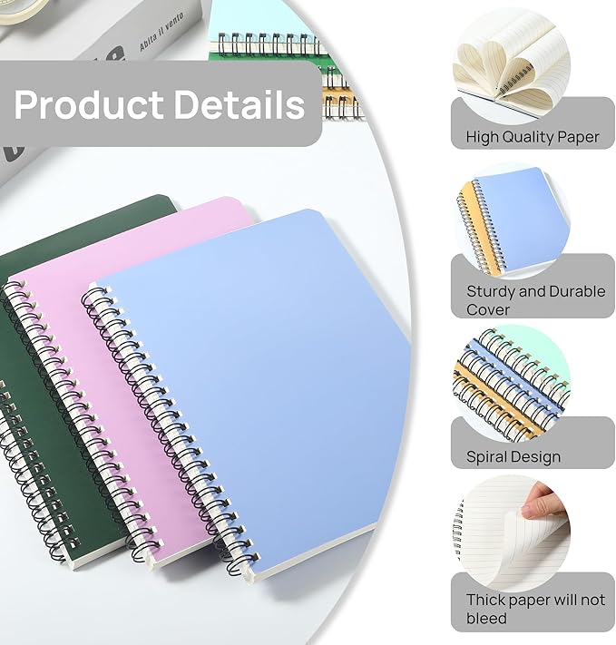 miikoul 48 Pack A5 Spiral Lined Notebooks, 8.3" X 5.5", 60 Sheets/120 Pages Wide Ruled Notebook Spiral Journals Bulk Paper Cover Notepad 12 Colors for Students Taking Class Notes Home Office Gift-DeskLoop Office