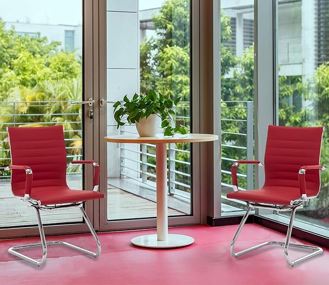 No Wheels Reception Chairs Waiting Room Chair Leather Conference Chairs Back Support Heavy Duty Office Chair with Arm, Set of 2 (Deep Red)-DeskLoop Office