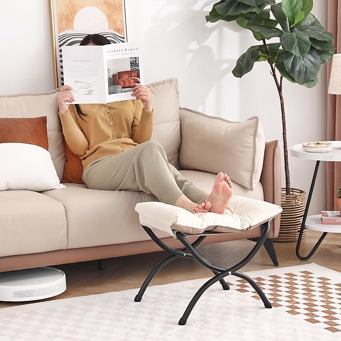 LITA Folding Upholstered Footrest Stool, Modern Small Portable Accent Ottoman with Detachable Thick Cotton Cushion Padded Sofa Stool with Metal Frame for Lazy Chair, Living Room & Bedroom, Beige-DeskLoop Office