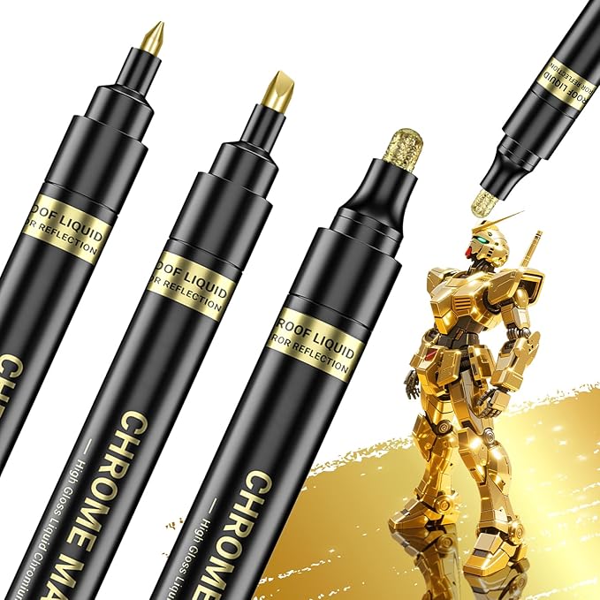 3Pcs Gold Liquid Mirror Chrome Markers, Permanent Reflective Metallic Gold Paint Pen, High Gloss Car DIY Model Painting, Touch Up Repair Kit for Plastic Metal Glass Fabric Ceremic Resins-DeskLoop Office