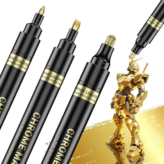 3Pcs Gold Liquid Mirror Chrome Markers, Permanent Reflective Metallic Gold Paint Pen, High Gloss Car DIY Model Painting, Touch Up Repair Kit for Plastic Metal Glass Fabric Ceremic Resins-DeskLoop Office