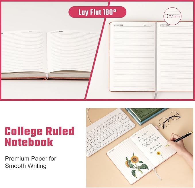 Sunflower Journal for Girls Women Journals for Writing 100GSM College Ruled A5 Leather Notebook for Girls Ages 8-12 Flower Diary with Heart-shaped Shadow, 5.7" x 8.3", Pink-DeskLoop Office