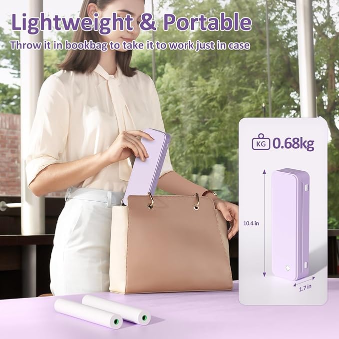 Inkless Portable Printer for Travel, Wireless Thermal Printer Supports 8.5 x 11 Inch US Letter Size, Bluetooth Machine Includes Carry Case and 3 Rolls of Thermal Paper Kit, Purple-DeskLoop Office