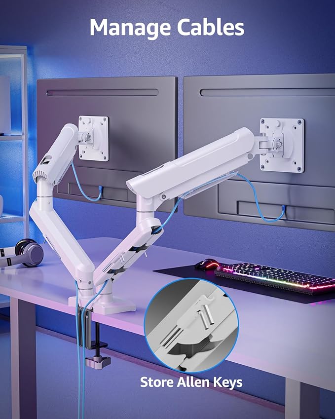 Dual Monitor Mount for 32 27 24 22inch Screens, Gas Spring Monitor Stand for 2 Monitor, Full Adjustable Monitors Desk Mount with C-Clamp＆Grommet Base, Each Arm Holds 4.4-22 lbs, Freelift Pro White-DeskLoop Office