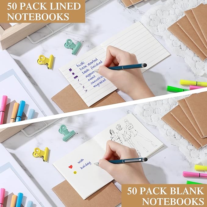 100 Pieces Mini Notebook Bulk Set Small Kraft Paper Blank Lined Journals Pocket Journal Sketchbooks for Kids Drawing Sketchbook Office Supplies 4 x 4 Inch Small Notebooks with 24 Sheets (Blank, Lined)-DeskLoop Office