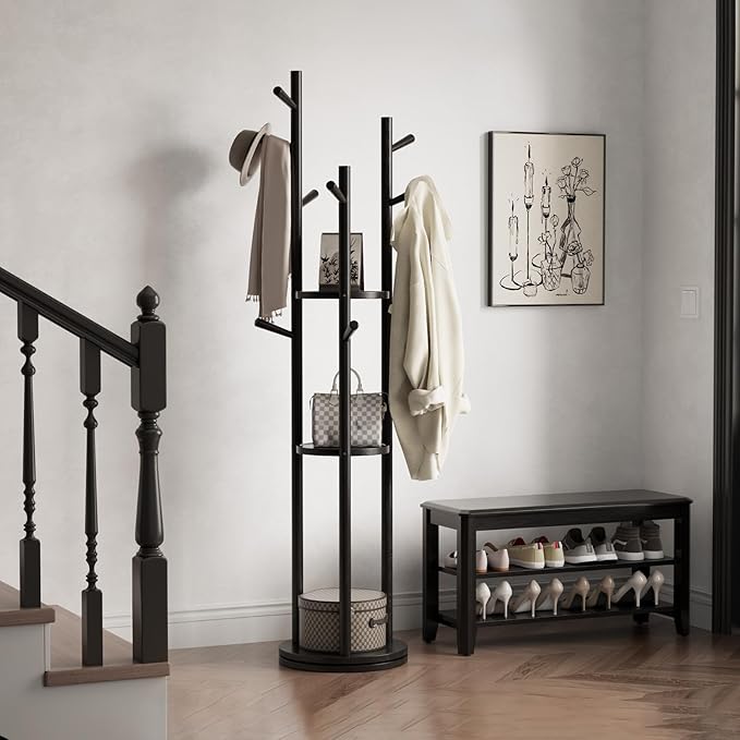 Solid Wood Rotary Coat Rack, Freestanding Coat Rack with 3 Shelves and 9 Hooks, Coat tree for Bedroom, Entryway, Livingroom, Coat Hanger Stand for Coats, Scarves, Handbags (Black)-DeskLoop Office