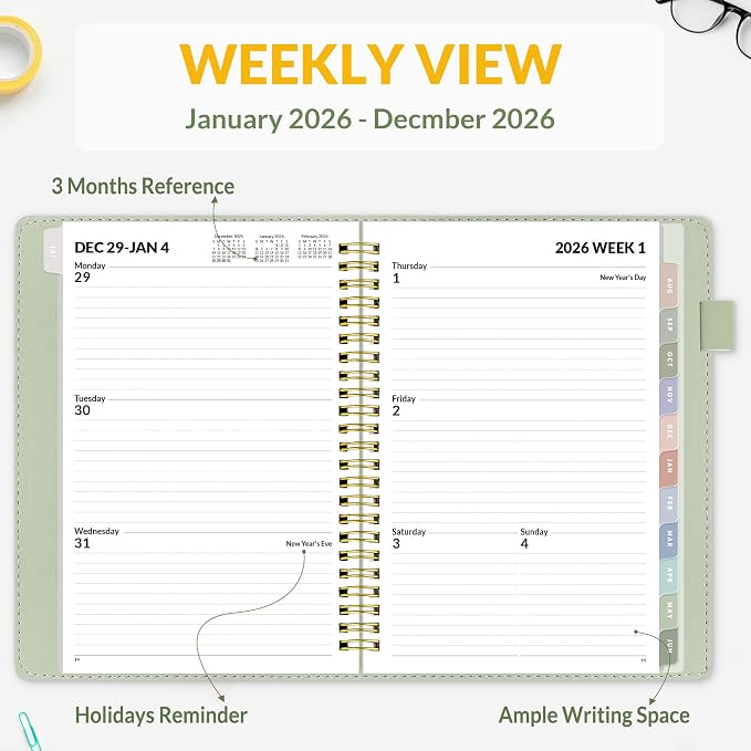 SUNEE 2026 Weekly & Monthly Planner 6.2"x8.5"- 12 Month, Vegan Leather Cover - Image 3
