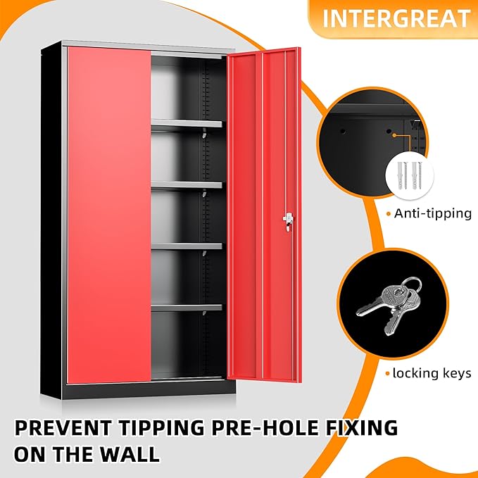 INTERGREAT Garage Storage Cabinet with Lockable Door, 72" H Metal Locking Cabinets with 4 Adjustable Shelves,Black Red Steel Cabinets Storage for Home Office, Warehouse，School-DeskLoop Office