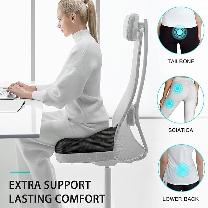 Benazcap Standard Memory Seat Cushion for Office Chair Pressure Relief Sciatica & Tailbone Pain Relief Firm Coccyx Pad for Long Sitting, Office Chair, Gaming Chair and Car Seat-Black, Standard Size-DeskLoop Office