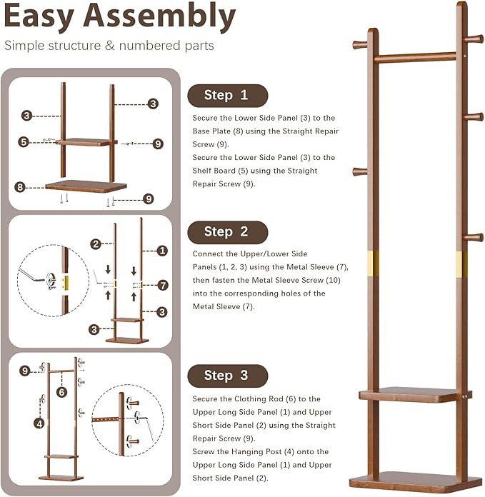 Solid Wood Coat Rack, Coat Rack Freestanding with 2 Shelves and 5 Hooks, Heavy Duty Coat Tree for Entryway，Living room，Coat Hanger Stand for Hats, Bags (Walnut Brown)-DeskLoop Office