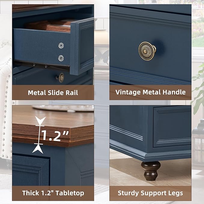 24" Wide Farmhouse Night Stand Set of 2,Large End Table with 3 Drawers & Metal Handle,Blue Wood Dresser for Bedroom Cabinet, Bed Side Table Chest of Drawers,Nightstand for Living Room,Closet-DeskLoop Office