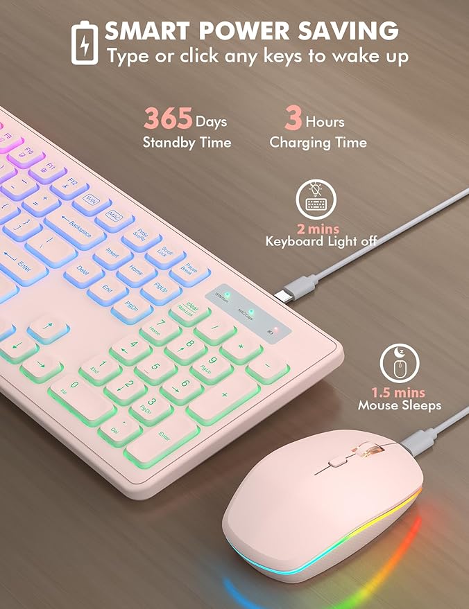 Wireless Keyboard and Mouse Combo - RGB Backlit, Rechargeable & Light Up Letters, Full-Size, Ergonomic Tilt Angle, Sleep Mode, 2.4GHz Quiet Keyboard Mouse for Mac, Windows, Laptop, PC, Trueque, Pink-DeskLoop Office