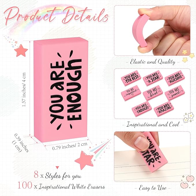 PerKoop 100 Pcs Pcs Inspirational Pink Erasers Bulk Small Motivational Block Pencil Erasers Back to School Gifts for Classroom Students Teachers Office Stationery Supplies-DeskLoop Office