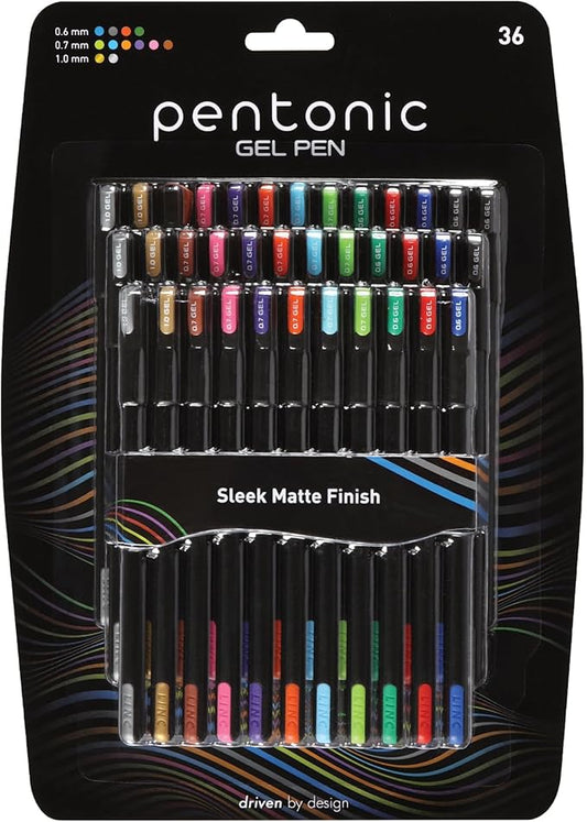 Pentonic Gel Pens, 36 Count, Assorted Colored Ink (12 Colors, 3 Of Each Color), Medium & Fine Point, Smooth Writing For Journaling (1002357)