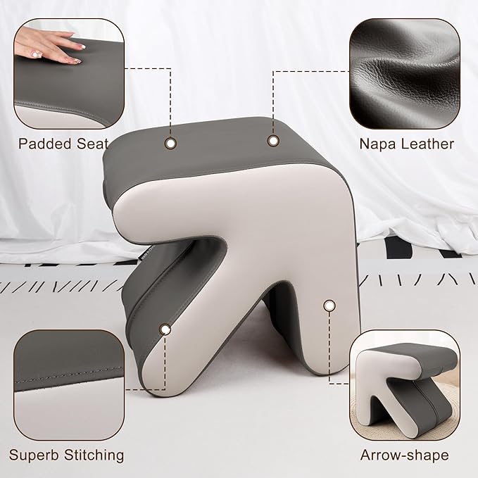 H&B Luxuries Ottoman, Foot Stool with Creative Shape, Napa Leather Ottomans, Removable Outer Foot Rest, No Assembly Required, Ottoman for Living Room, Bedroom, Entrance, Gray White-DeskLoop Office