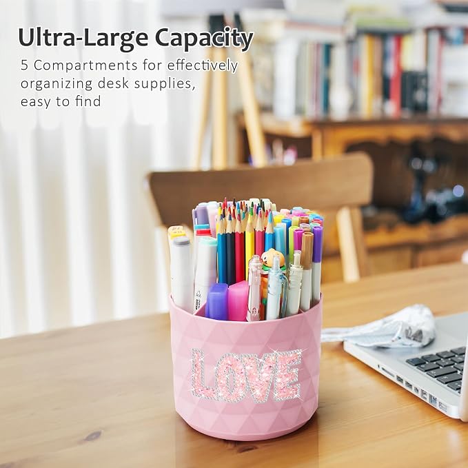 Bling Desk Organizer, Glitter Love Rhinestone Rotating Pencil Pen Holders - Image 5