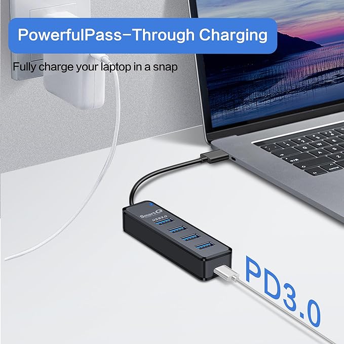 SmartQ H302 4-Port USB 3.0 Hub Long Cable 1ft 3ft with Micro-B Charging Port, Fast Data Transfer USB Hub, Compatible Windows PC, Mac, Surface Pro, Laptop, Printer (USB C - 0.5ft)-DeskLoop Office