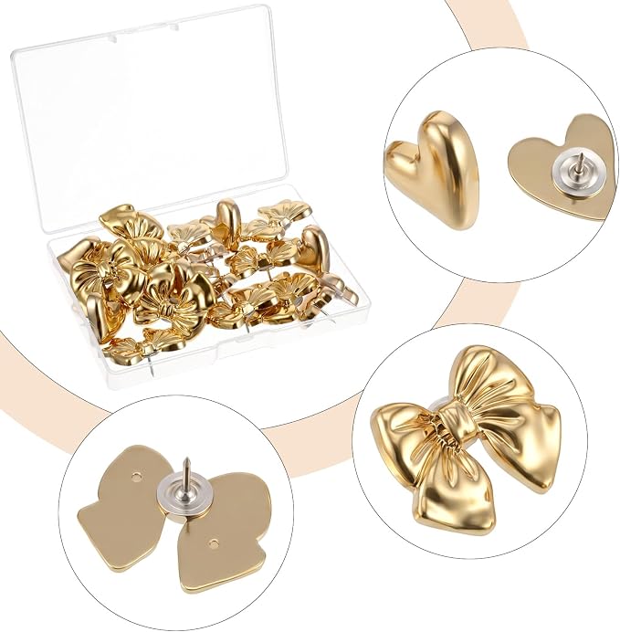 20PCS Gold Push Pins Set, Bow Heart Metal Thumb Tacks, Cute Decorative Pushpins - Image 3