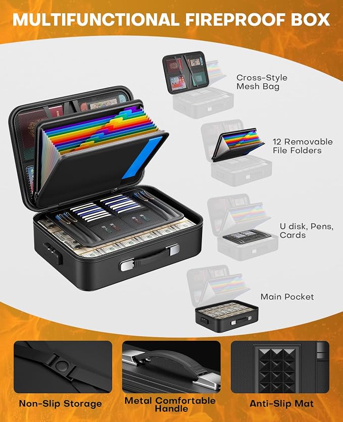 Fireproof Document Box with Lock, Hard Case Safe Box Water Resistant Document - Image 3