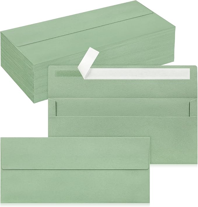 100 Pack #10 Business Envelopes, Self Seal Standard Sage Green Envelopes by QIKSION
