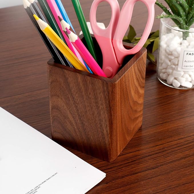 Walnut Pencil Holder Wood Pen Holder For Desk Pen Cup Organizer Ofiice Pencil Stand Simple(Black walnut)-DeskLoop Office