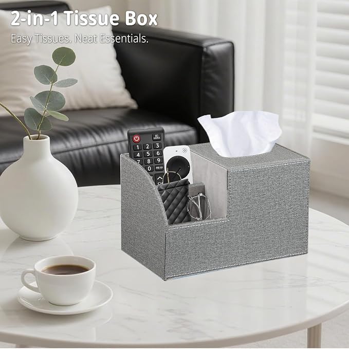 Square Tissue Box Cover with Storage, PU Leather Cube Tissue Box Holder - Image 3