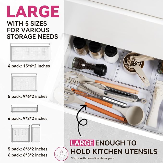 Criusia Large Drawer Organizer Bins 26 Pack | Complete 5 Size Clear Plastic - Image 2