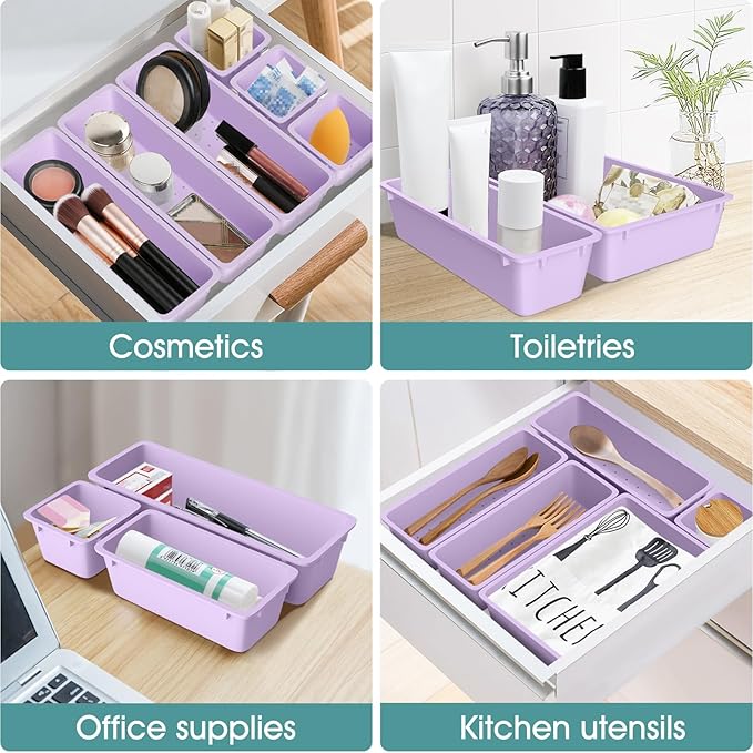 WOWBOX 25 PCS Plastic Drawer Organizer Set, 4 Sizes Desk Drawer Divider Organizers and Storage Bins for Makeup, Jewelry, Gadgets for Kitchen, Bedroom, Bathroom, Office, Purple-DeskLoop Office
