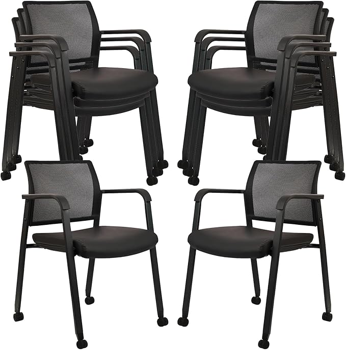 CLATINA Stacking Office Chair with Wheels, Mesh Back Waiting Room Guest Chairs with Arms Comfortable Leather Cushion Stackable Desk Chair for Conference Reception School Side Stationary, Black, 8 PK-DeskLoop Office