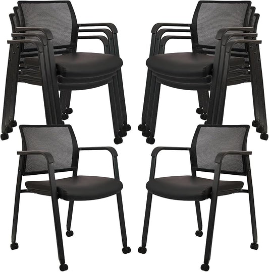 CLATINA Stacking Office Chair with Wheels, Mesh Back Waiting Room Guest Chairs with Arms Comfortable Leather Cushion Stackable Desk Chair for Conference Reception School Side Stationary, Black, 8 PK-DeskLoop Office