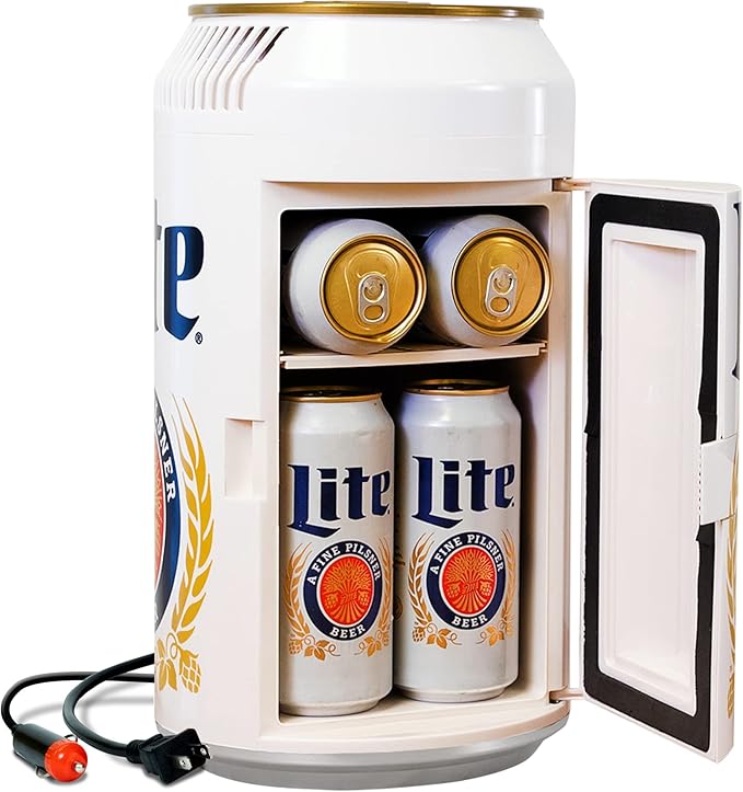 Miller Lite Mini Fridge - Refrigerator for Bedroom Office, Portable Table Top Beverage Cooler, 12V 110V Refrigerador For Drinks, Soda, Wines, Use In Car, Outdoor, Patio, 8 Can-DeskLoop Office