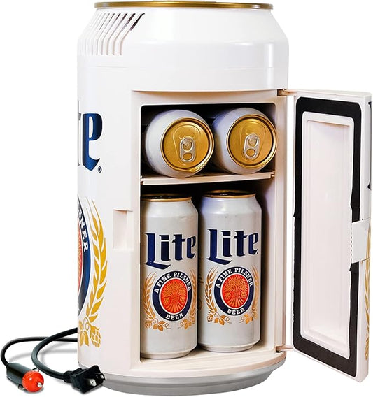 Miller Lite Mini Fridge - Refrigerator for Bedroom Office, Portable Table Top Beverage Cooler, 12V 110V Refrigerador For Drinks, Soda, Wines, Use In Car, Outdoor, Patio, 8 Can-DeskLoop Office