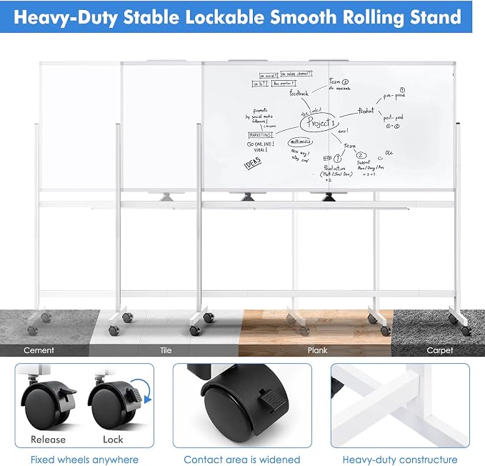 Double Sided Rolling Whiteboard, 72 x 40 Large White Board - Image 3
