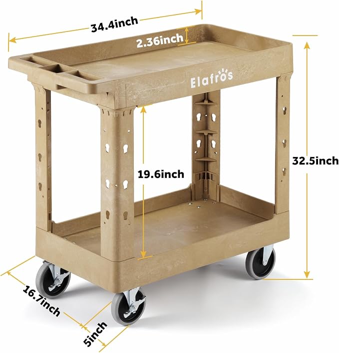 ELAFROS 2-Tier Heavy Duty Utility Rolling Cart, 34 x 17 in, Sand | 550 lbs - Image 2
