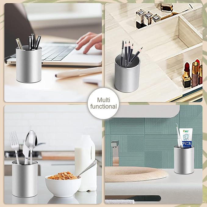 Vaydeer Metal Pen Holder Aluminum Pencil Holder for desk, Round Desktop Organizer and Silver Pencil Cup for Office, School, Home and Stationary Supplies (3.15 x 3.15 x 3.94 Inches)-DeskLoop Office
