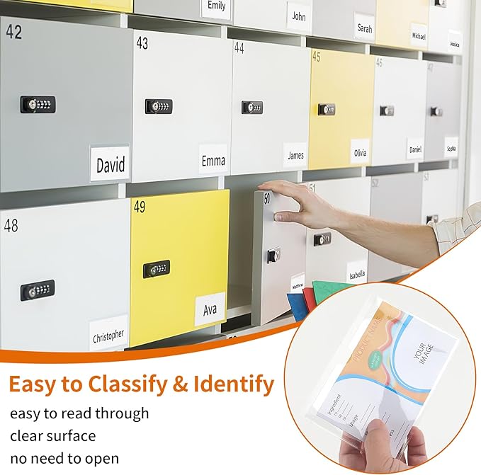 44 Pack Storage Bins Labels, 4x6 Photo Sleeves, Plastic Adhesive Pockets - Image 3