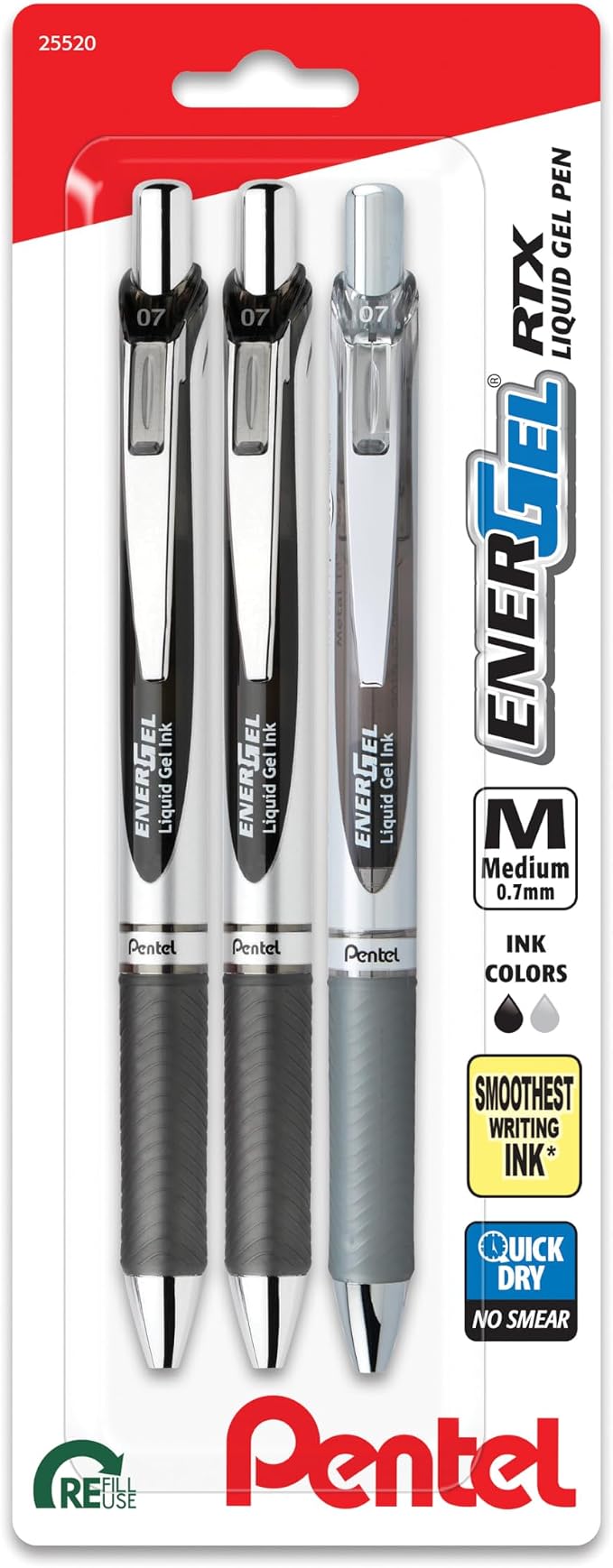 Pentel EnerGel RTX Retractable Liquid Gel Pen, Scholar Hue, 2 Black and 1 Gray by PentelofAmerica