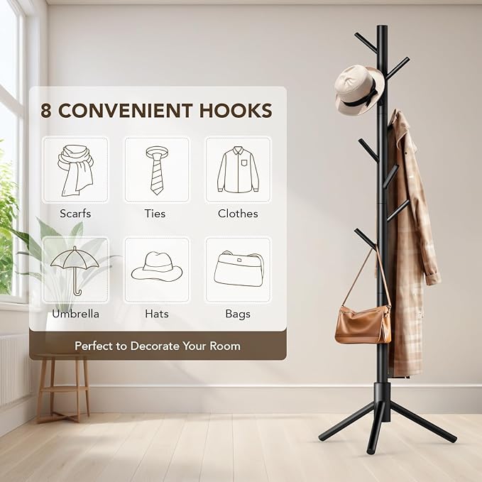 Wooden Tree Coat Rack Stand,Sturdy Freestanding Coat Rack with 8 Hooks,3 Adjustable Height for Child Adult,Wood Coat Stand Tree Fits Entryway Bedroom Office for Bags,Hats-DeskLoop Office