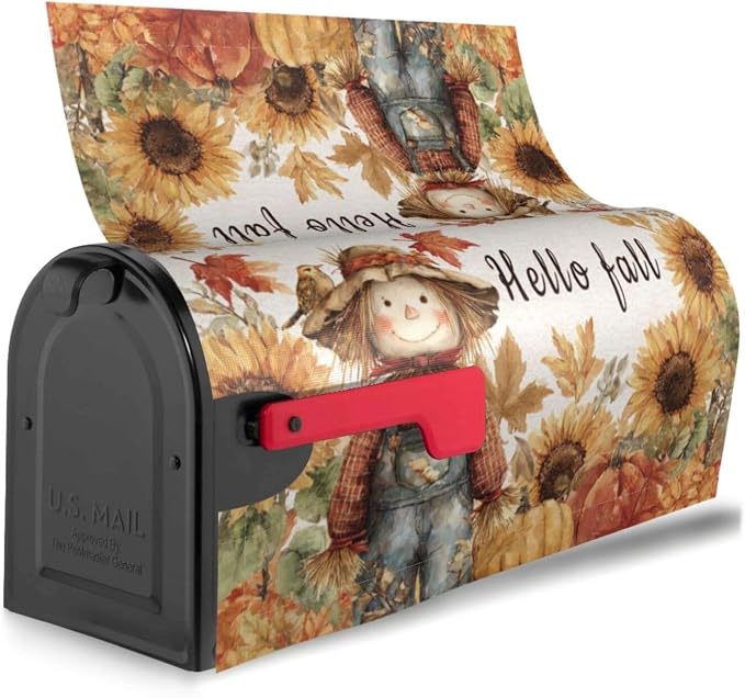 Autumn Sunflowers Scarecrow Welcome Magnetic Mailbox Cover, Fall Mailbox Wrap - Image 3