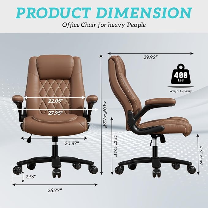GYI O205P High Back Executive Office Chair, Big and Tall Office Chair 400LBS with Rubber Wheels,Ergonomic Adjustable Computer Desk Chairs with Padded Flip-up Armrests,Lumbar Support (Brown)-DeskLoop Office