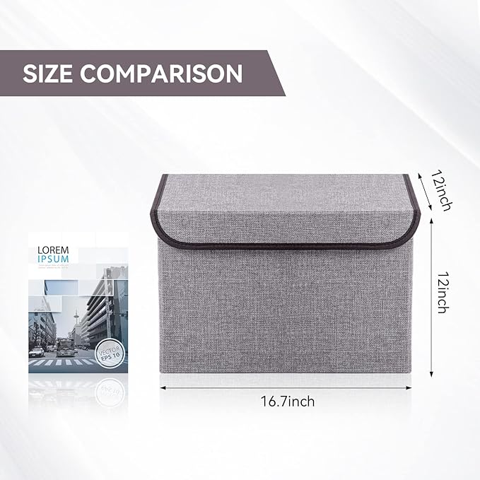 Large 17" 42 Quarts Collapsible Stackable Storage Bins with Lids [3-Pack] Foldable Fabric Linen Storage Boxes Cube, Closet Organizer Baskets with Label for Home (16.7 x 12 x 12, Gray)-DeskLoop Office