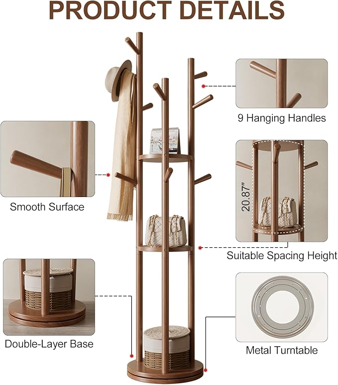 Solid Wood Rotary Coat Rack, Freestanding Coat Rack with 3 Shelves and 9 Hooks, Coat tree for Bedroom, Entryway, Livingroom, Coat Hanger Stand for Coats, Scarves, Handbags (Walnut)-DeskLoop Office