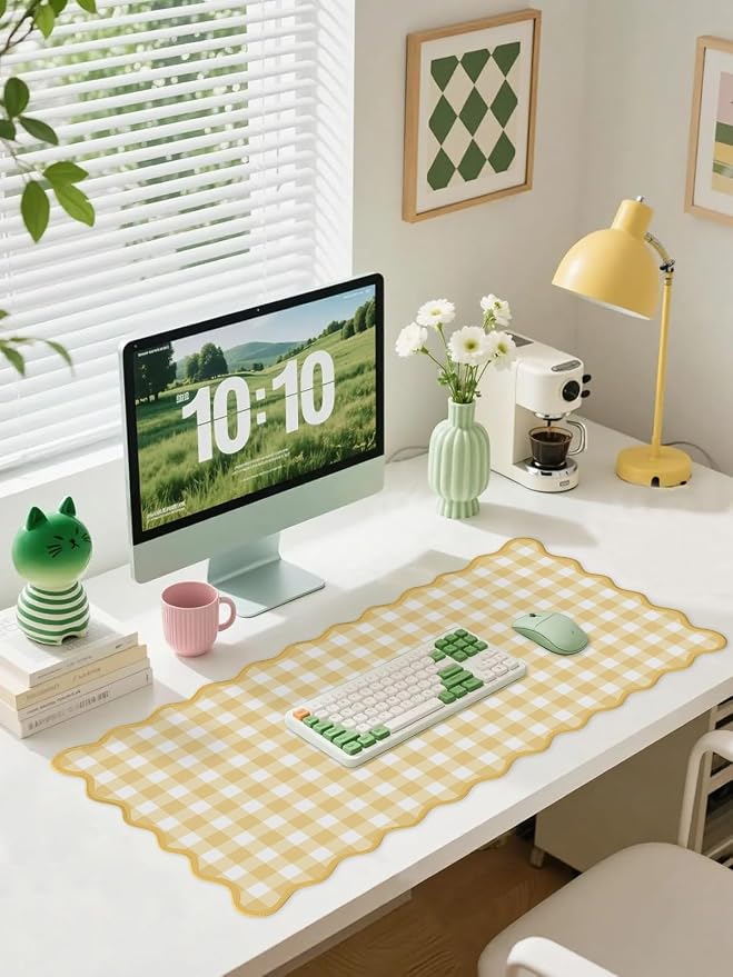 Scalloped‌ Checkered Gingham Desk Mat Cute Yellow Pastel Large Mouse Pad Kawaii - Image 2