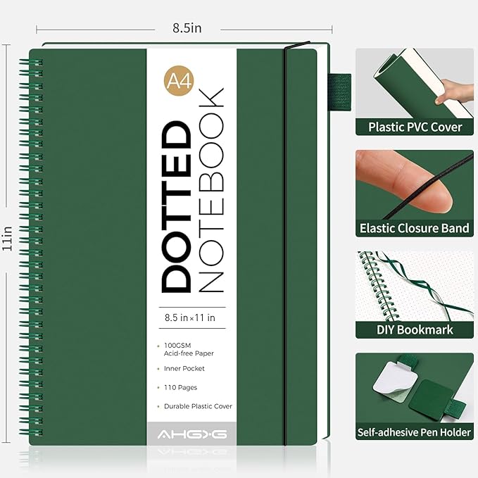 AHGXG Bullet Dotted Journal - Dot Grid Spiral Notebook 8.5" x 11", A4 Large Dotted Notebook, 100 GSM Thick Paper, Waterproof Plastic Cover Journals for Bullet Journaling, Sketching, Green-DeskLoop Office