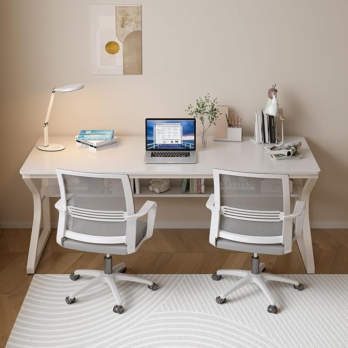 Extra Long Desk with Bookshelf - 63" Double Long Writing Table for 2-Person Workstation, Modern Study Work Computer Desk for Home and Office, Warm White-DeskLoop Office