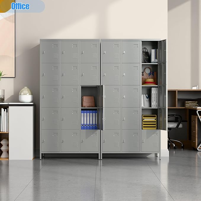 Metal Storage Locker with 9 Doors and 27 Hooks,Metal Lockers for Employees with Lock for School Garage Office Gym,Assembly Required,Light Grey-DeskLoop Office