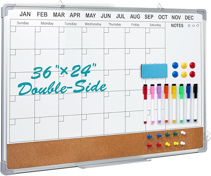 Calendar Whiteboard for Wall,36" x 24" White Board Calendar Dry Erase with Silver Aluminum Frame,Double Side Wall Hanging Board for Office,Home,Kitchen-DeskLoop Office