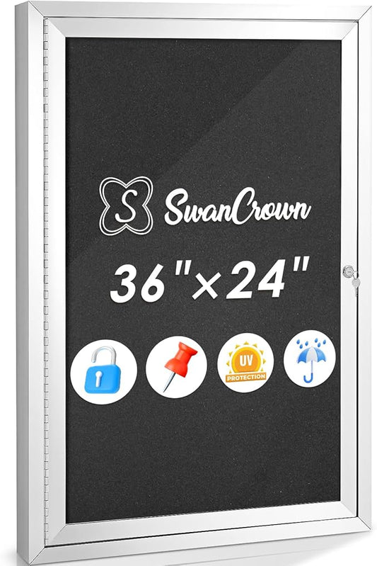 SWANCROWN Outdoor Bulletin Board Weatherproof 36x24in, Enclosed Bulletin Board with Locking Door Wall Display Case for Office School Commerce Show, Black Felt, Sliver Aluminum Frame-DeskLoop Office