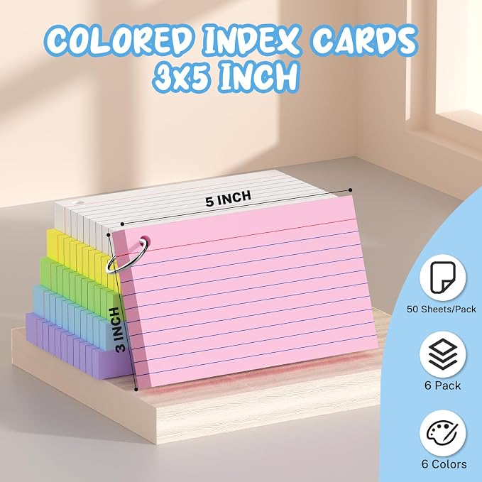 Colored Index Cards 3x5, 6 Colors Note Cards 3x5, 50 Sheets Each Pack, Heavy - Image 2